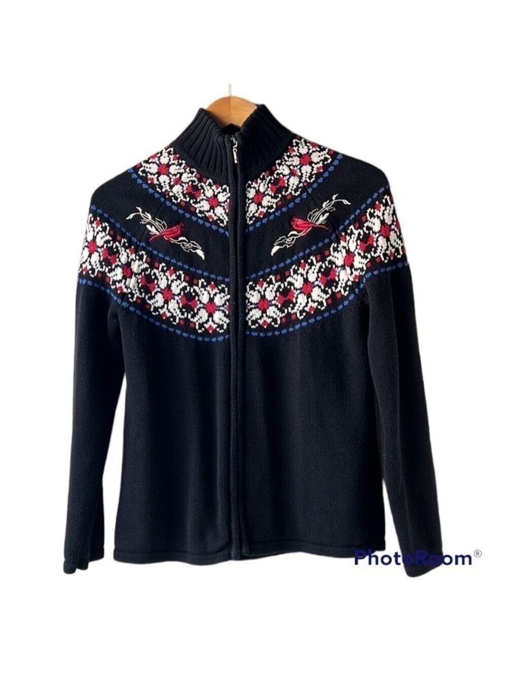 KNIT Navy Blue Corton Zip Front Appliqué Ribbed Sweater Size Small